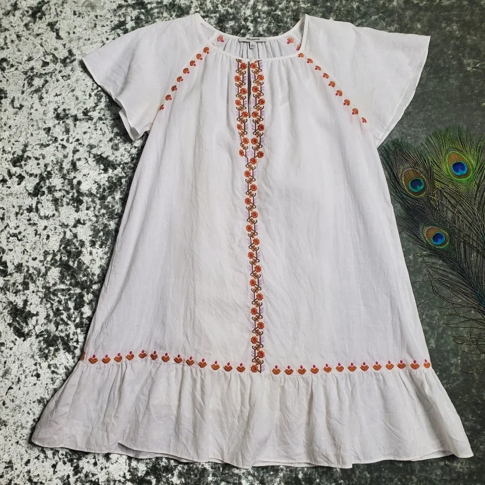 Madewell Embroidered‎ Linen Blend Raglan Ruffle Mini Dress - Picture 2 of 7